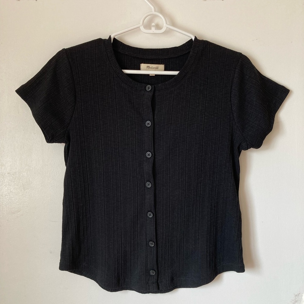 Madewell Women’s Pointelle Button-Front Slim Tee, Size S in True Black